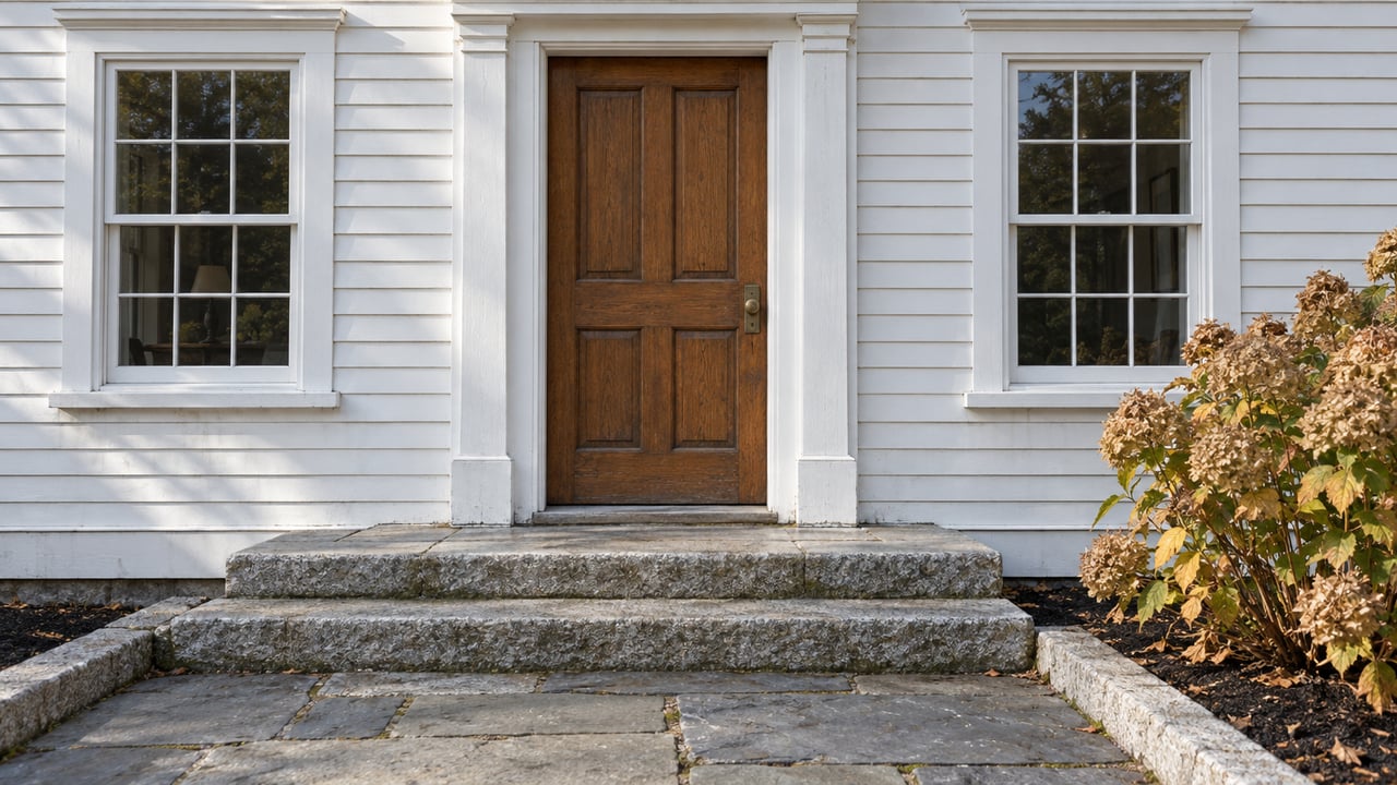 White clapboard entry with an oak panel door, paired multipane windows, worn granite steps and autumn hydrangea.