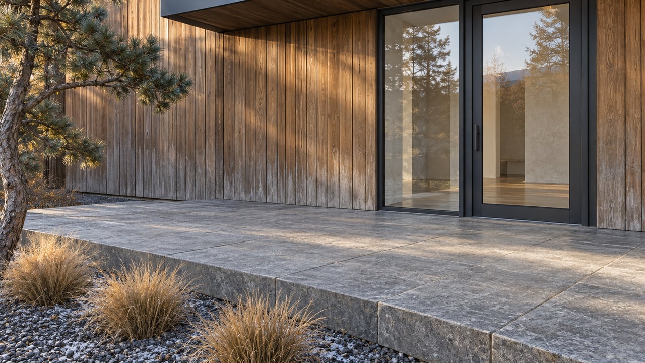 An estate home's wood-clad entrance and charcoal-framed glass door above a broad limestone landing, with frost in a recessed planting bed.