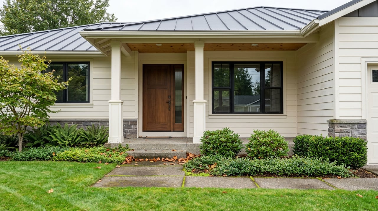White-sided suburban home with a walnut front door, covered porch, broad lawn, and layered Pacific Northwest planting.