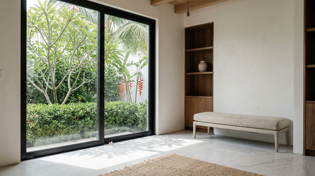 Great room corner with walnut shelving, an oatmeal bench, and a glass slider overlooking tropical plants.