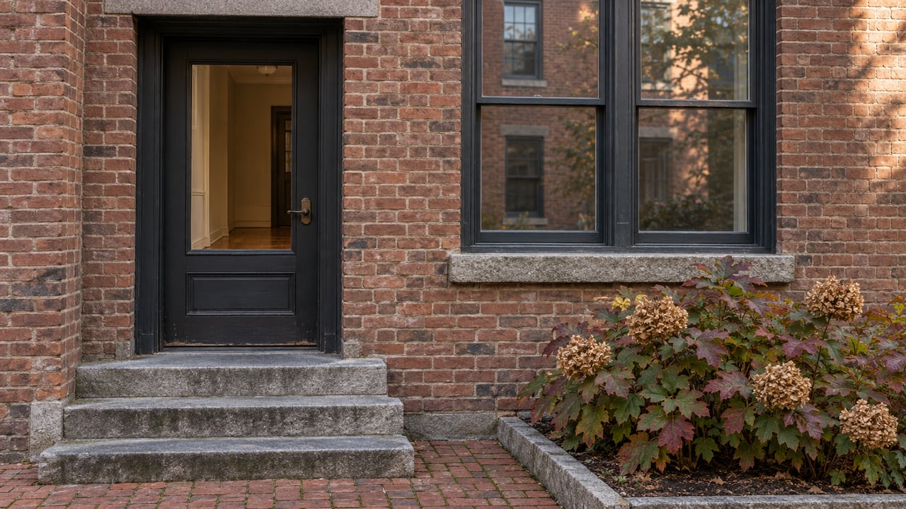 Brick building entrance with a black door, stone steps, and an autumn garden.