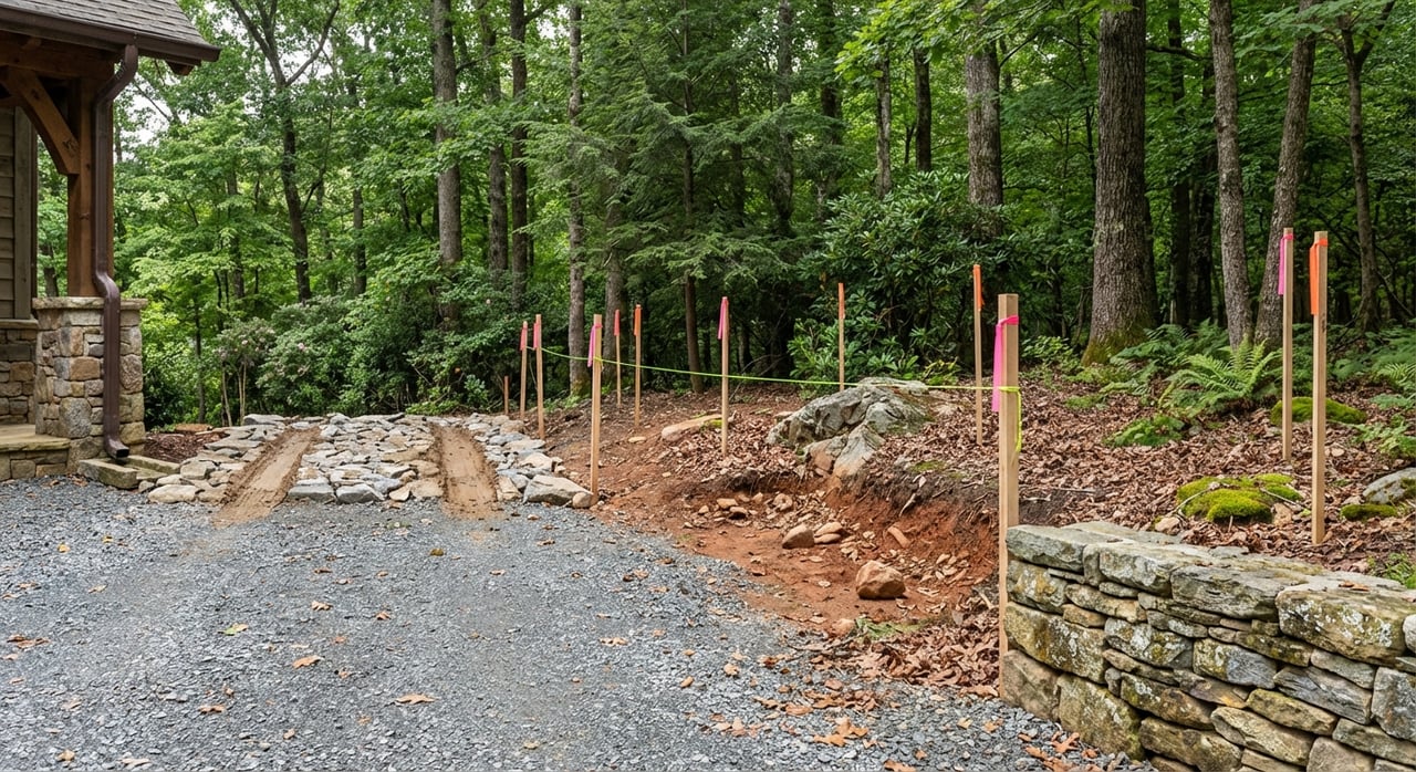 Stakes mark a homesite beyond a gravel lane, beside stone edging and a timber-and-stone structure.