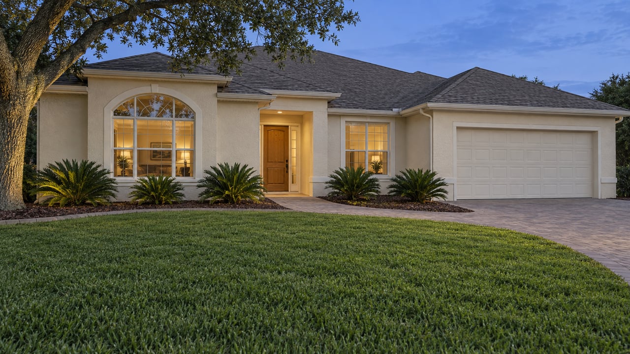 An ivory stucco home with an arched window and a broad lawn in blue-hour light.