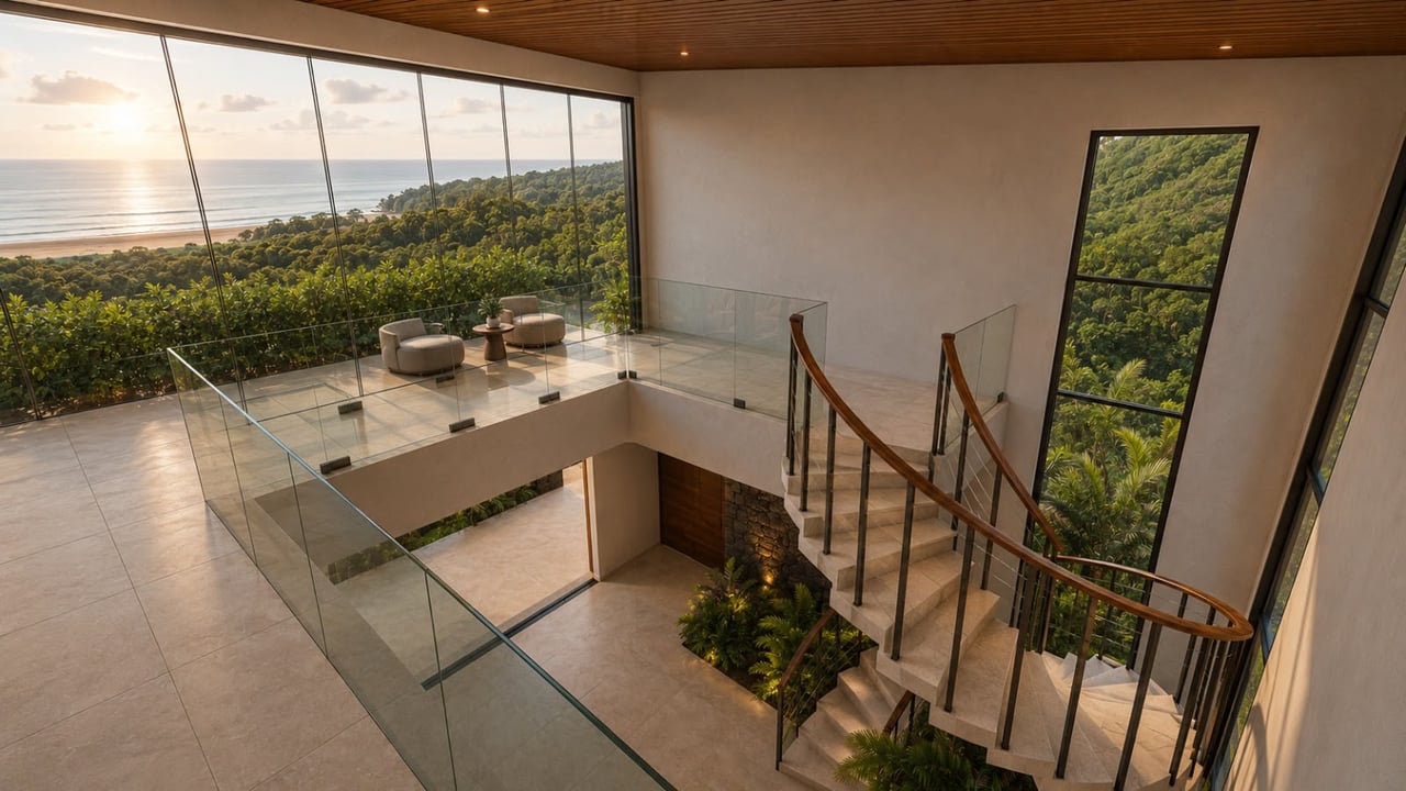 Modern home interior with a glass-railed staircase and terrace overlooking tropical forest and ocean.