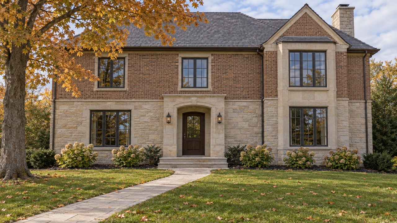 Two-story limestone and brick home behind a deep autumn lawn, with dark-framed windows and an amber sugar maple beside the stone approach.