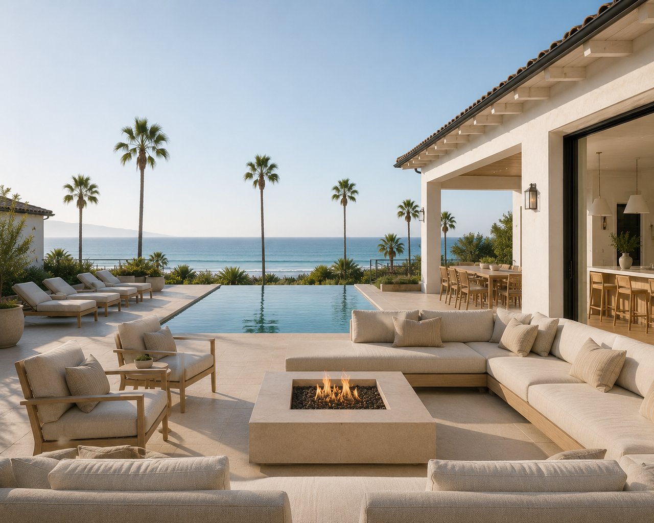 luxury modern ocean view back yard with fire pit and luxury furniture
