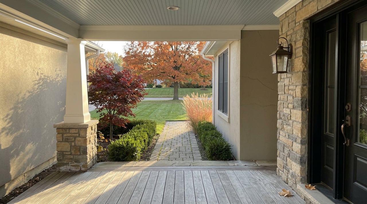 Covered porch with a white stone-based column, black front door, cedar decking, and autumn lawn beyond.