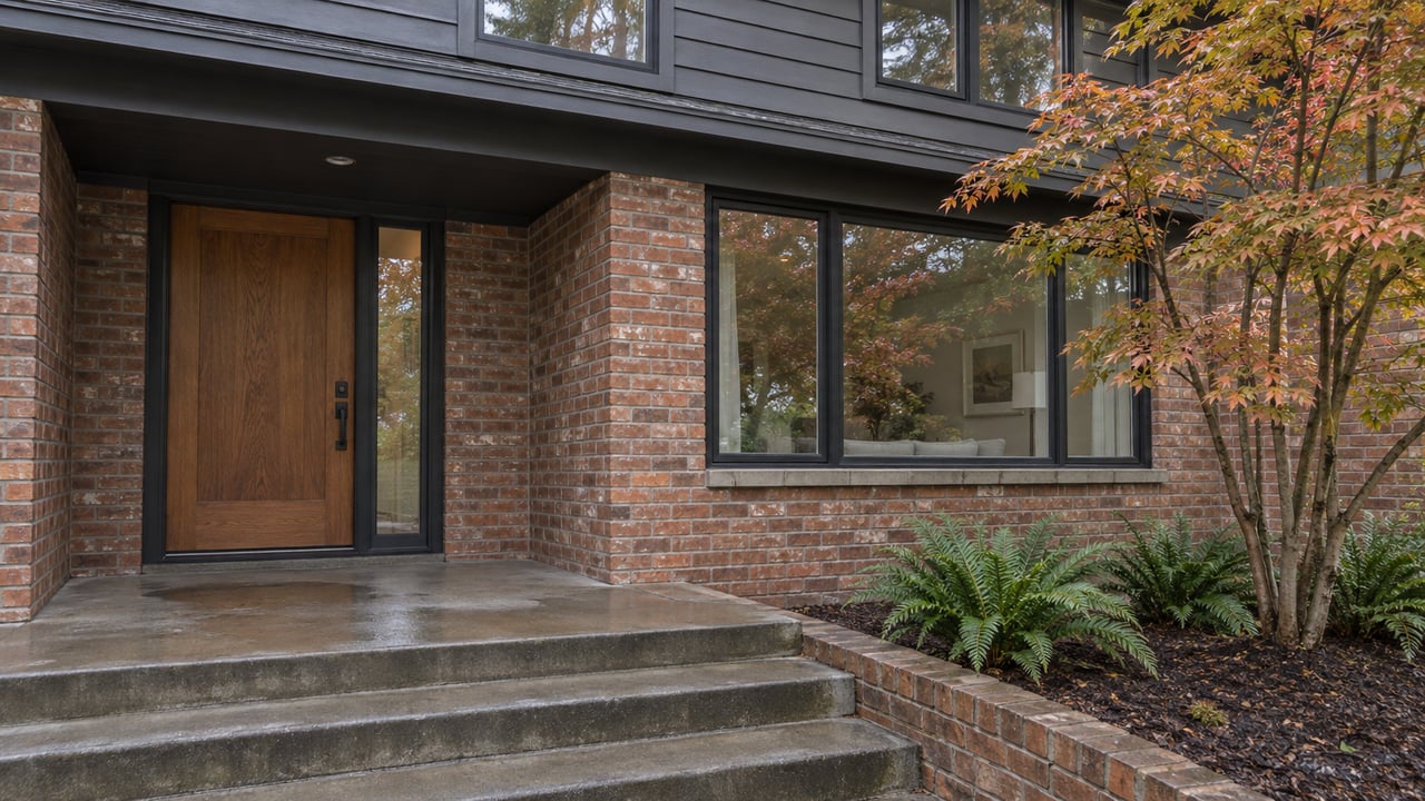 Rain-darkened concrete steps lead to a sheltered oak entry beside red-brown brick, dark-framed windows, a vine maple and sword ferns.