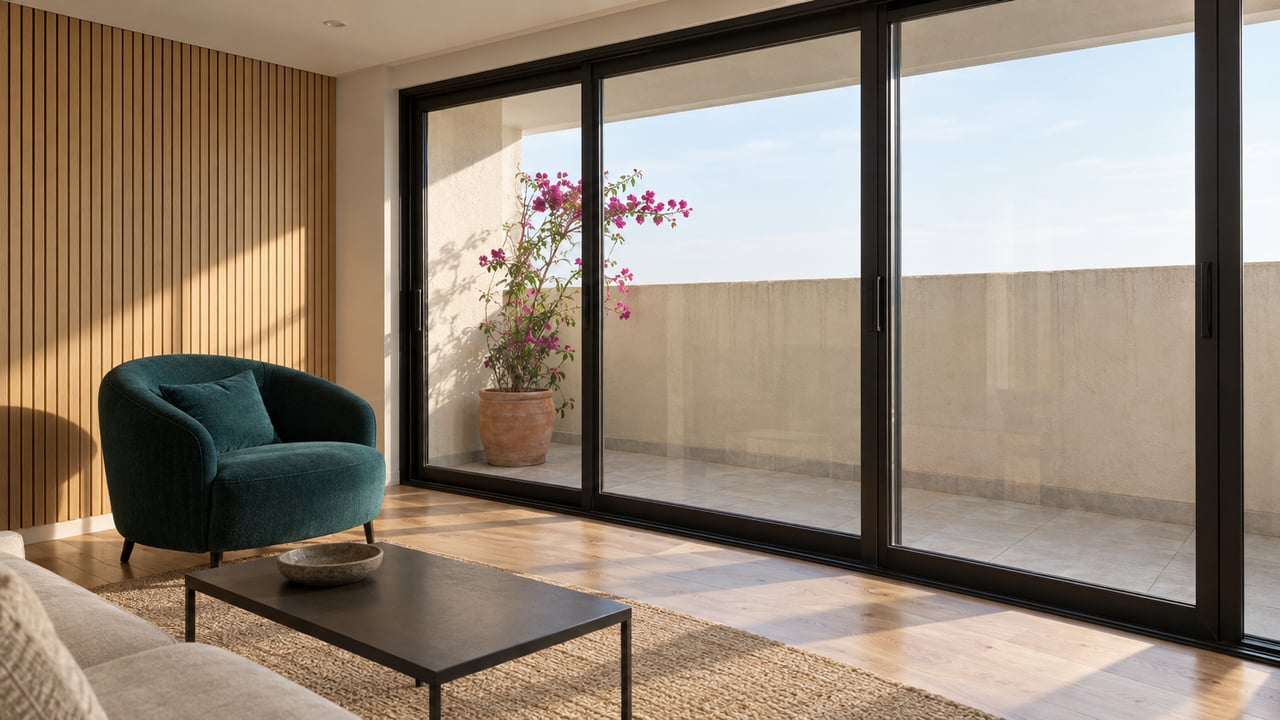 Teal lounge chair beside closed sliding glass doors, with a potted bougainvillea on the shallow balcony.