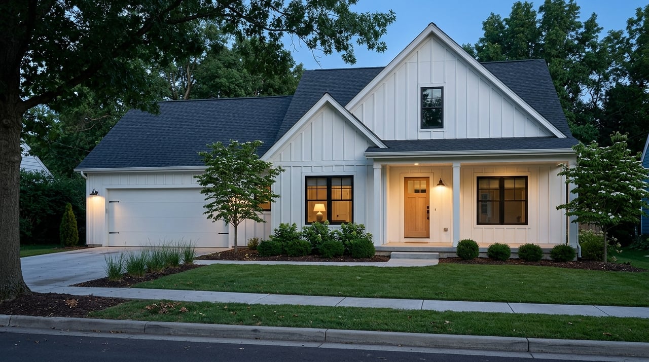 Modern farmhouse exterior with a deep driveway, warm-lit porch, and mature trees at blue hour.