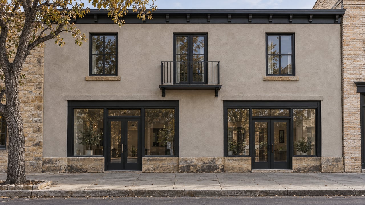 Two-story gray-rendered building with three upper windows, a small central balcony, and glazed ground-floor doors.