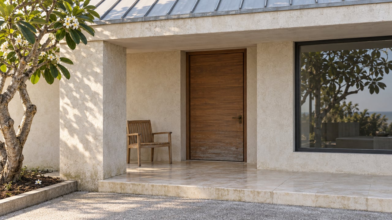 Sunlit ivory stucco residence with a shaded wood entrance, limestone gallery, teak chair and flowering specimen tree.