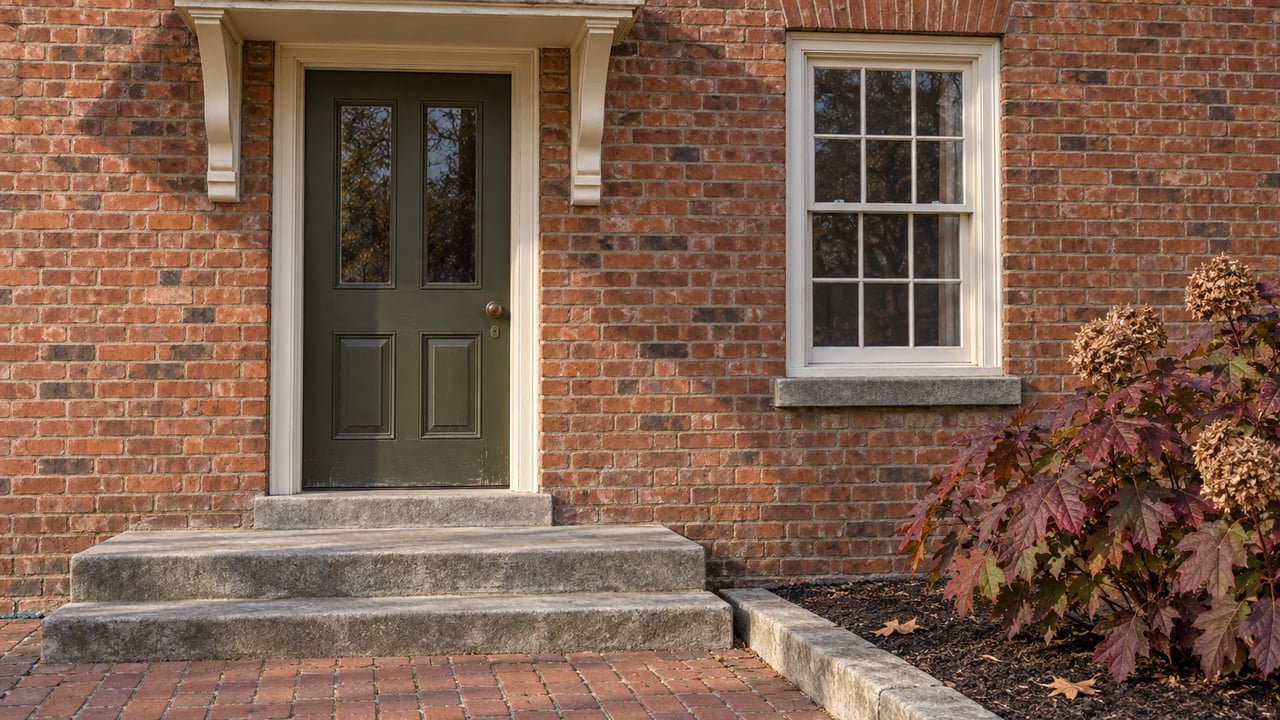 Autumn sunlight on a brick home's olive front door, stone steps and oakleaf hydrangea beside a sash window.