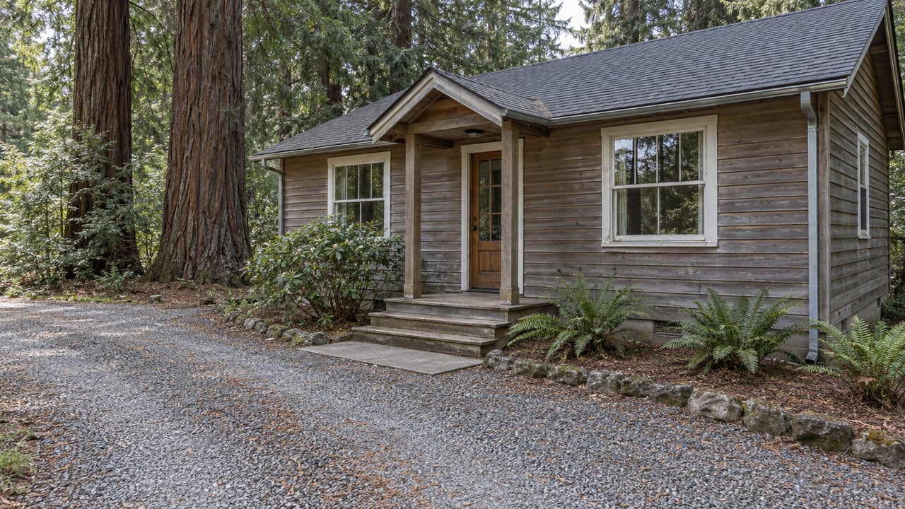 Weathered cedar cottage with a covered entry, gravel approach, redwood trees and sword ferns.