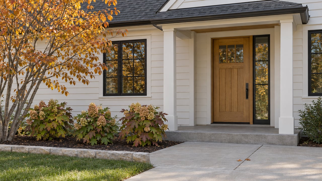 Off-white house with a timber entry, black-framed windows, and golden autumn branches beside the concrete approach.