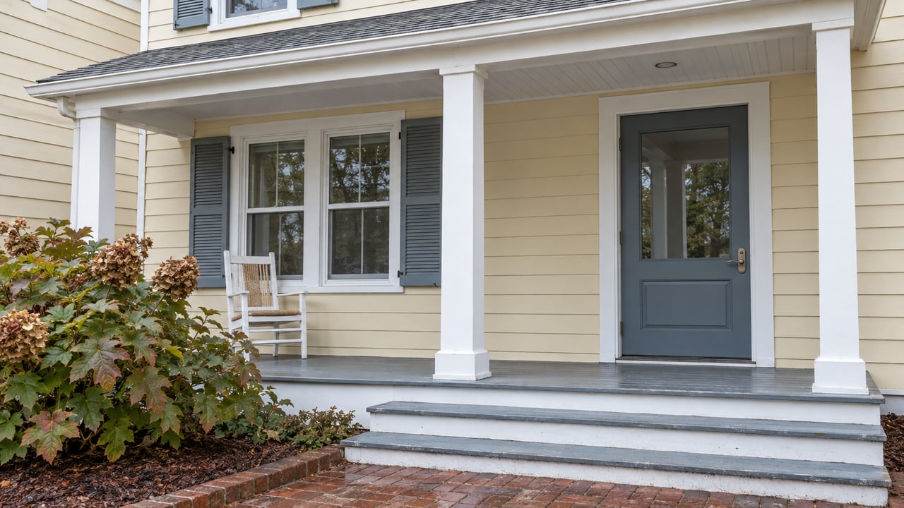 Pale-sided home with a blue-gray front door, covered timber porch, brick steps landing and autumn oakleaf hydrangea.