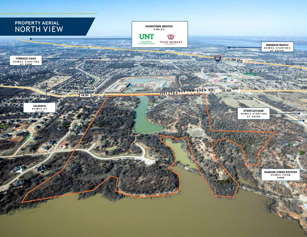 Aerial location map marking Canyon Lake Ranch property, nearby communities, roads, and Denton landmarks.