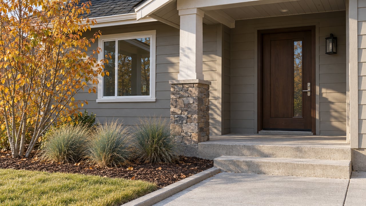 Morning light on a gray-sided home's covered entry, basalt porch support and autumn serviceberry beside concrete steps.