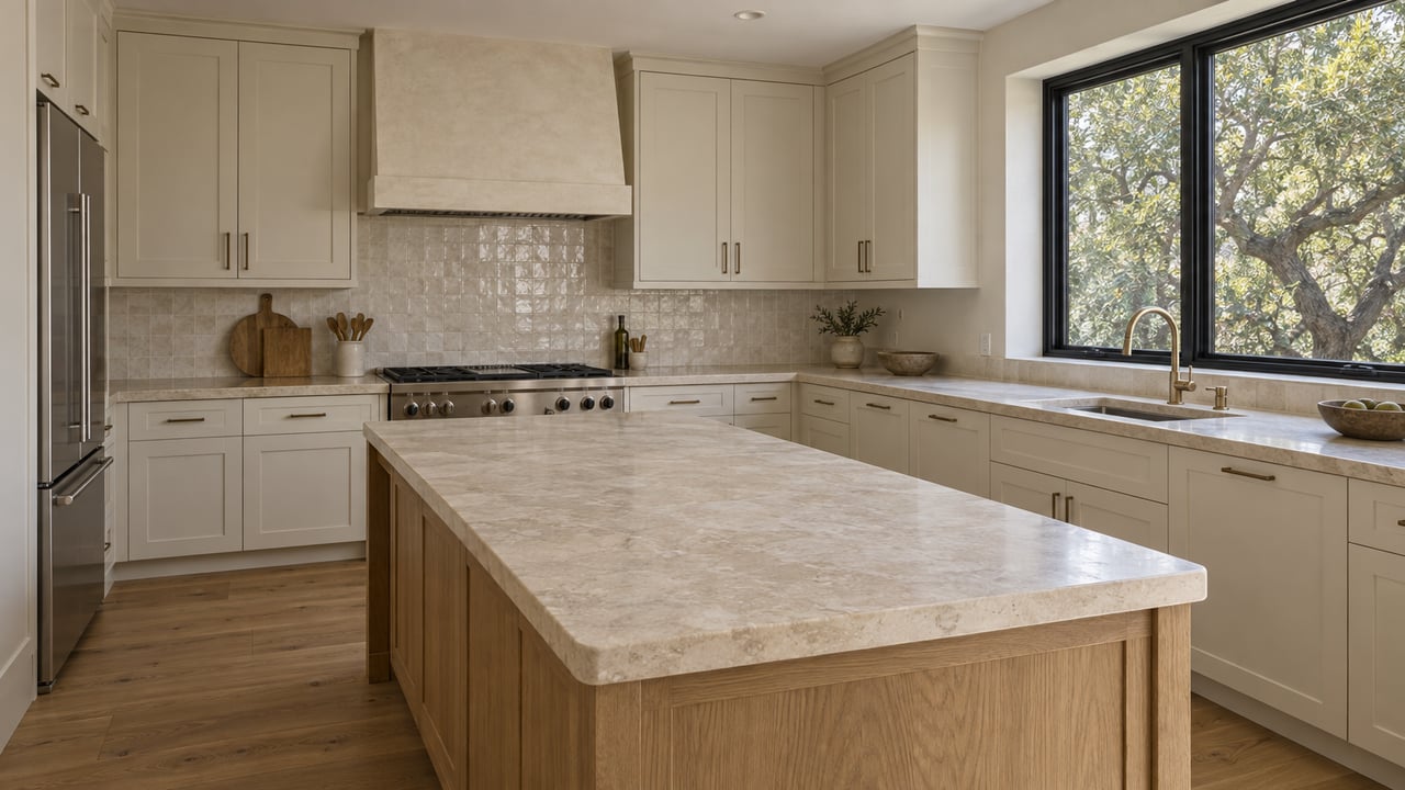 Kitchen with pale stone island, off-white cabinets, and a black-framed window overlooking a tree.