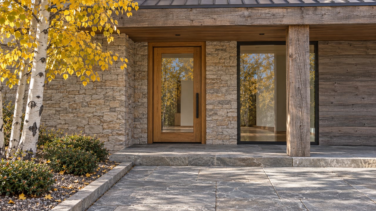 Golden aspen leaves beside a timber-and-stone home entrance, with a broad quartzite approach and tall enclosed glazing.