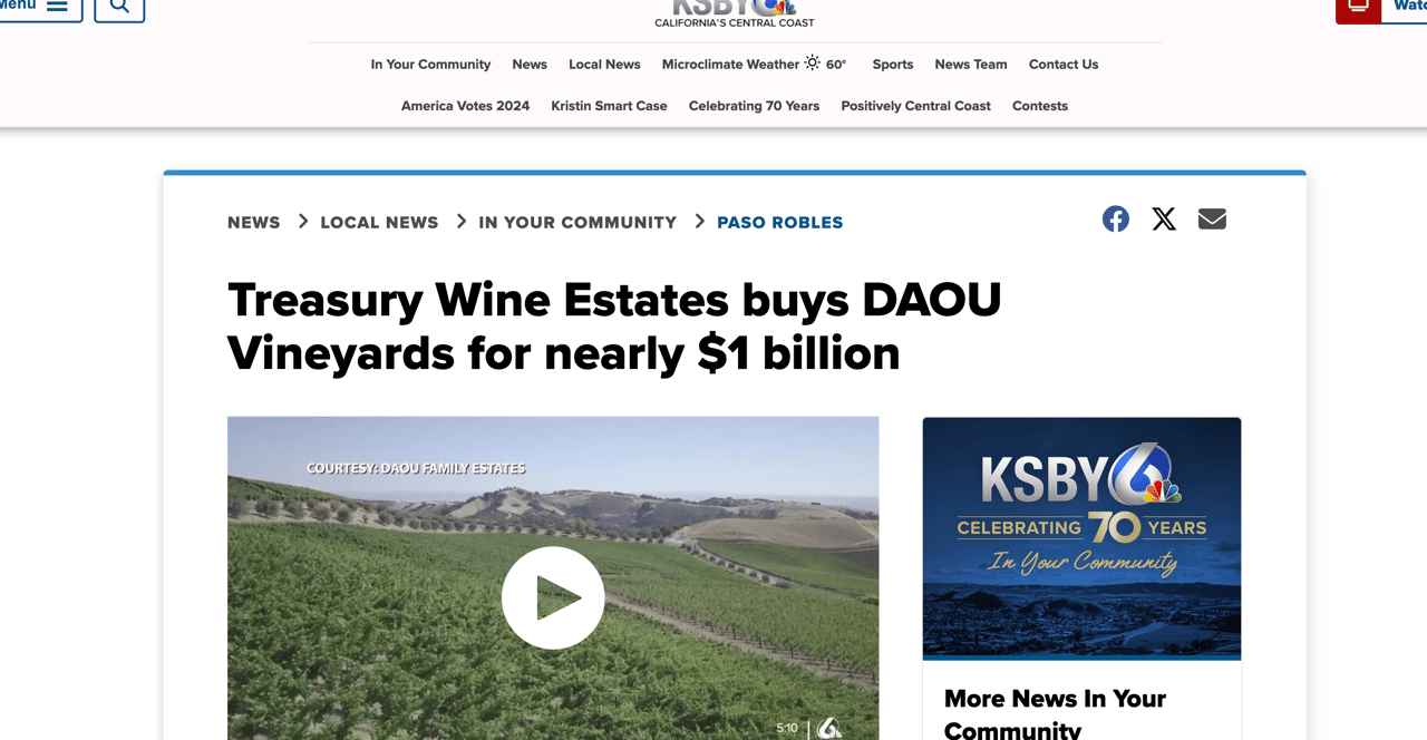 Treasury Wine Estates Buys Daou Vineyards for Nearly $1 Billion