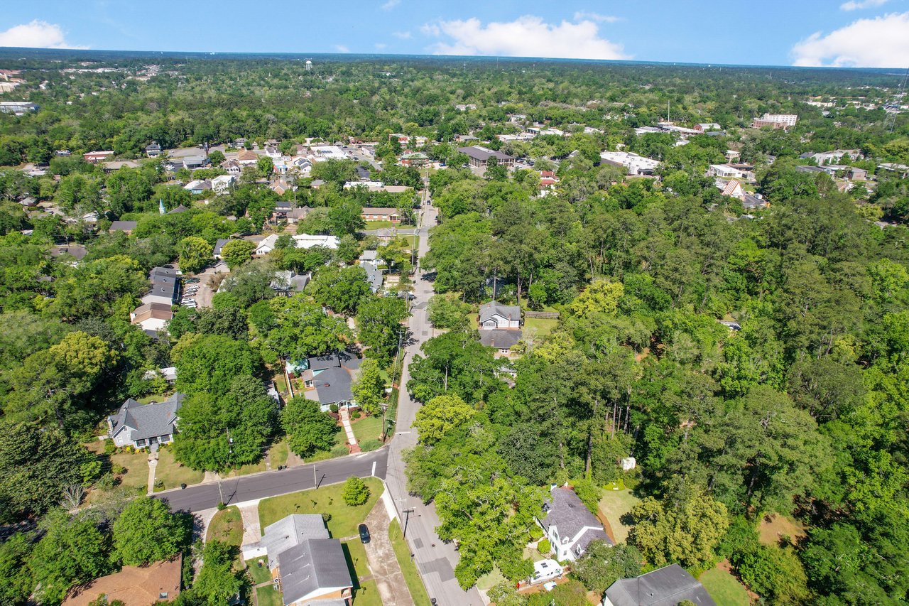 An aerial view of the Lafayette Park neighborhood, showing residential areas and significant tree cover.