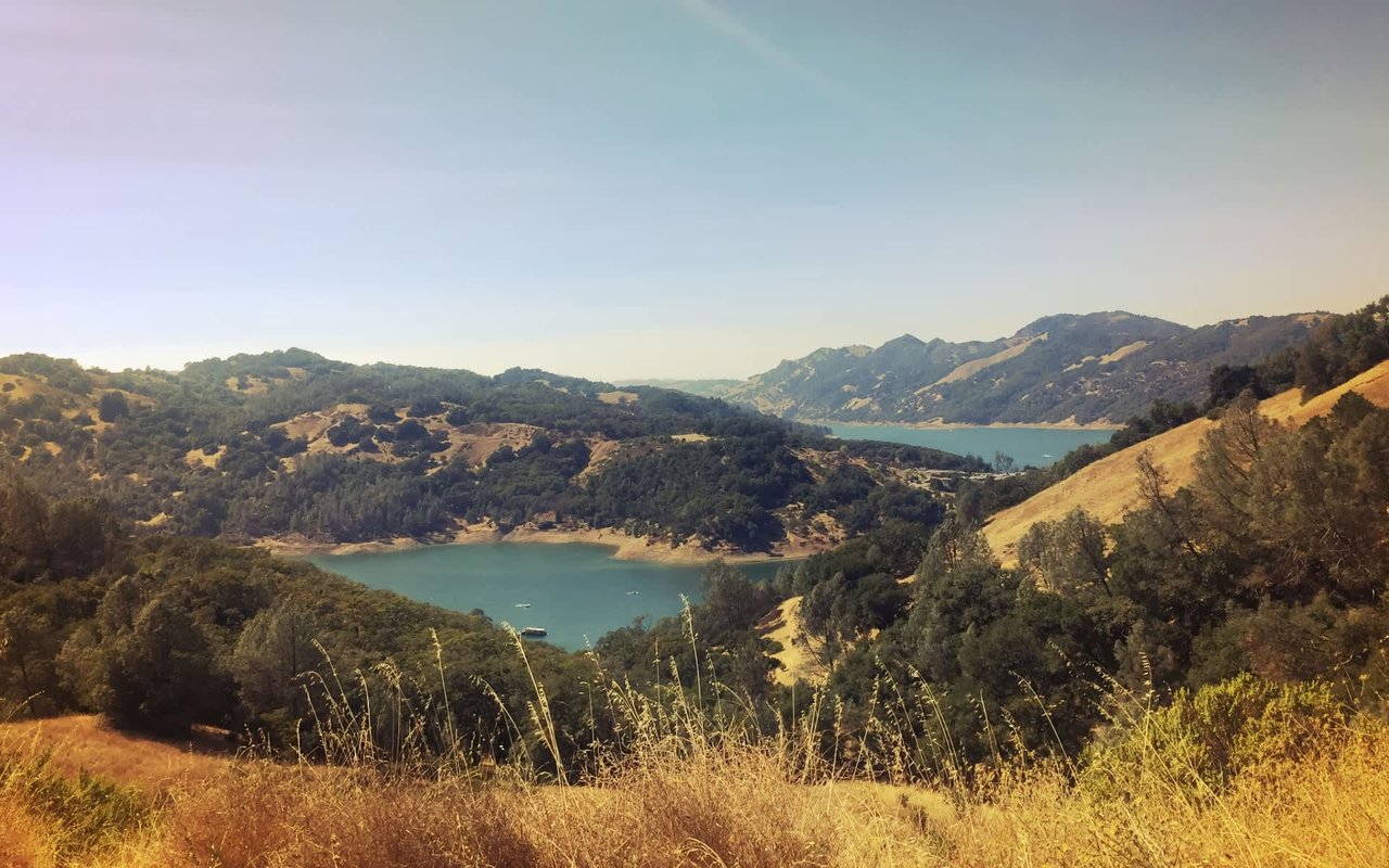 A panoramic view of a serene lake nestled among rolling hills covered in lush greenery under a clear blue sky.