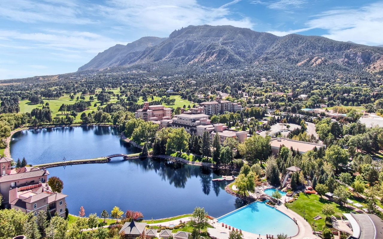 An aerial view of The Broadmoor resort in Colorado Springs, Colorado