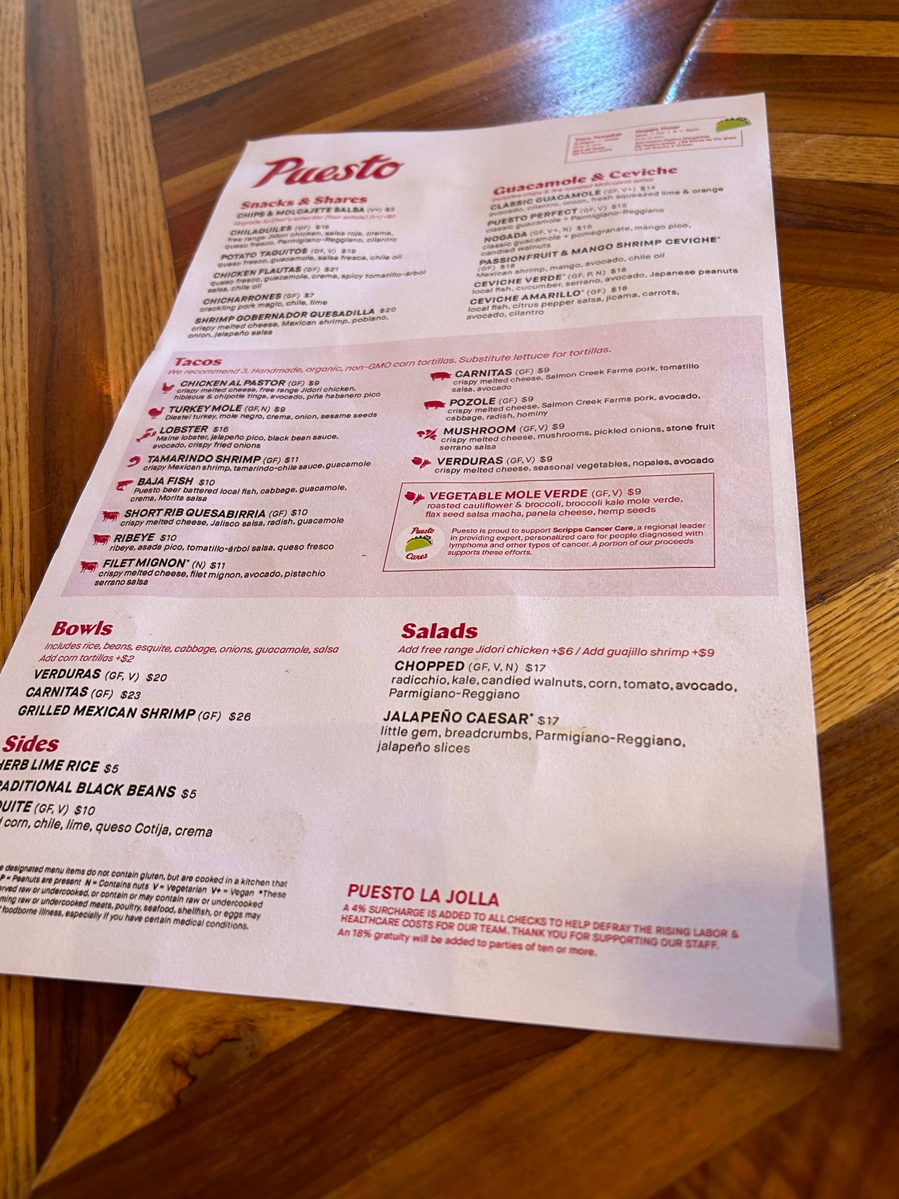 Puesto La Jolla Mexican Artisan Kitchen and Bar menu