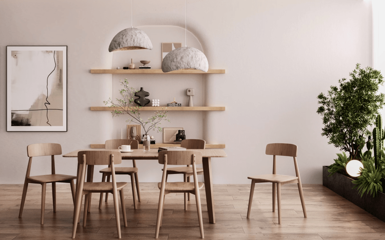 A minimalist dining area features a light wooden rectangular dining table surrounded by six matching wooden chairs