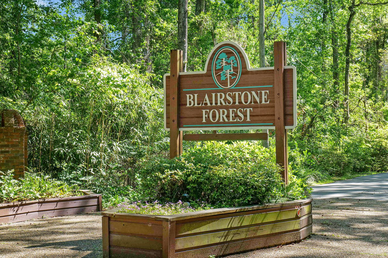 A ground-level view of a sign for "Blairstone Forest," surrounded by greenery and landscaping.