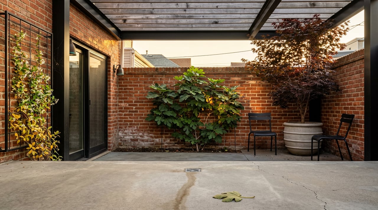 Brick-walled patio with a cedar pergola, espaliered fig, maroon Japanese maple, and black steel bistro chairs.