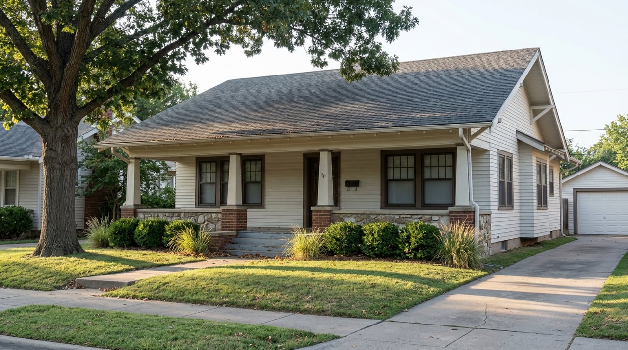 White craftsman bungalow with a deep porch, broad oak canopy, and long morning shadows across the lawn.