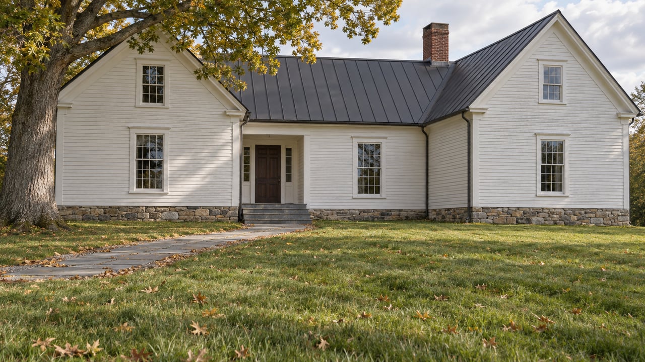 Weathered white farmhouse beyond lawn, with charcoal roof, red-brick chimney, and oak branches overhead.
