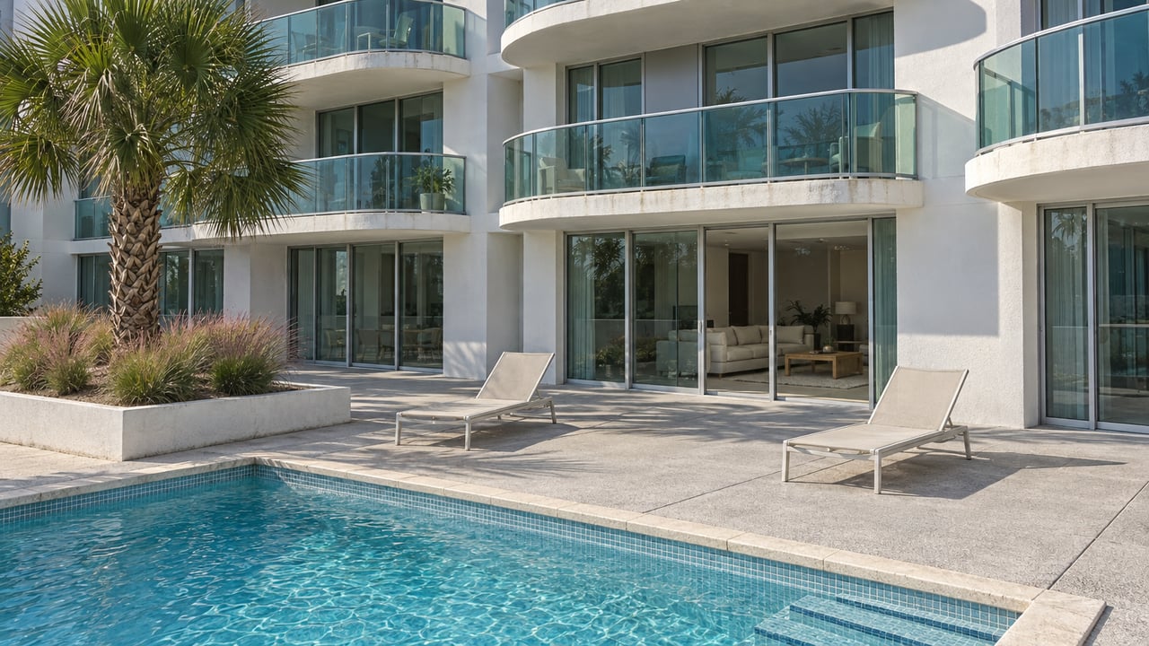 A sunlit condominium courtyard with turquoise pool water, rounded white balconies, blue-green glazing and a mature palm in a raised planter.