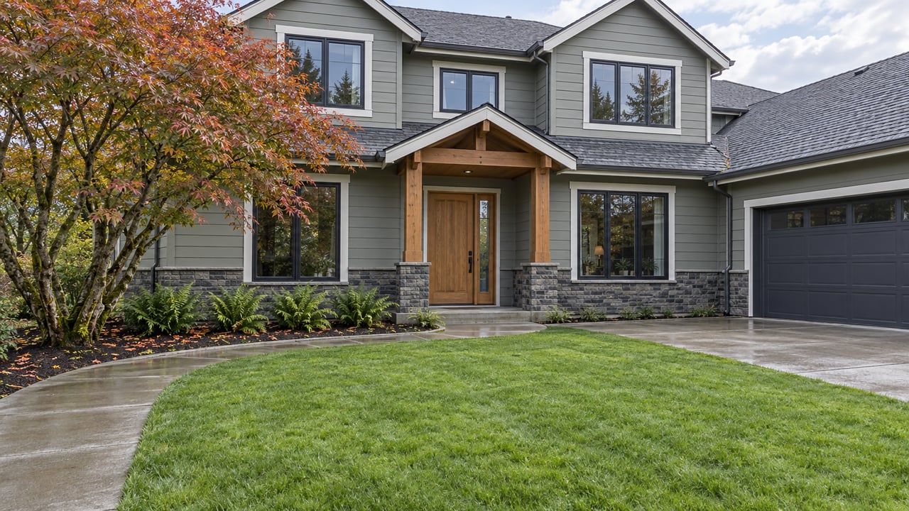 Two-story gray-green home with stone base, a recessed timber porch and deep damp lawn beneath a branching maple.