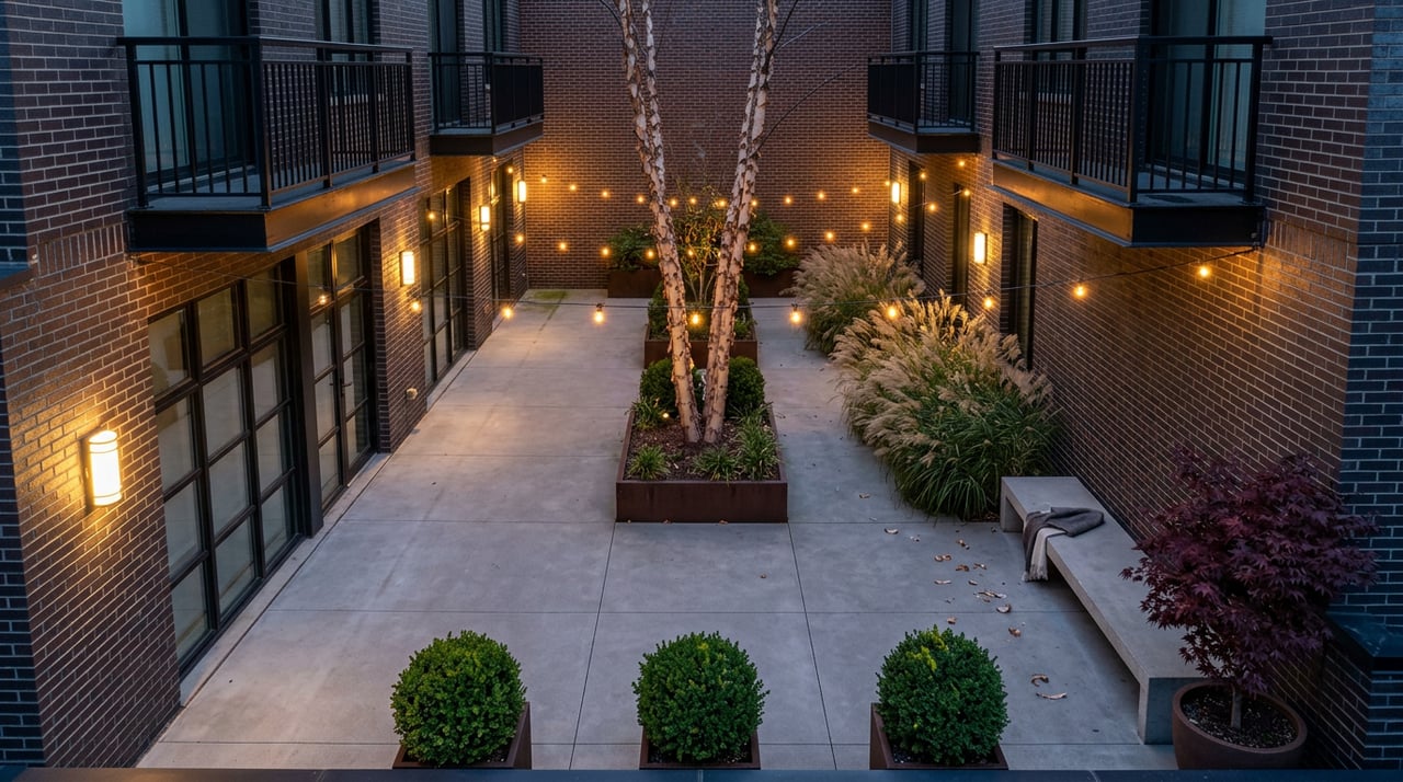 Paved courtyard between brick buildings, with a river birch, planters, string lights, and a concrete bench.