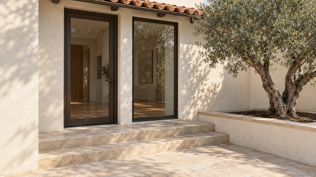 Low-angle view of a warm-white stucco home entrance with bronze-framed glazing, limestone steps and a sculptural olive tree in a raised planter.