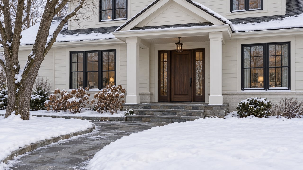 An ivory-sided home with a walnut front door, black-framed windows and a bluestone approach across a snow-covered lawn.