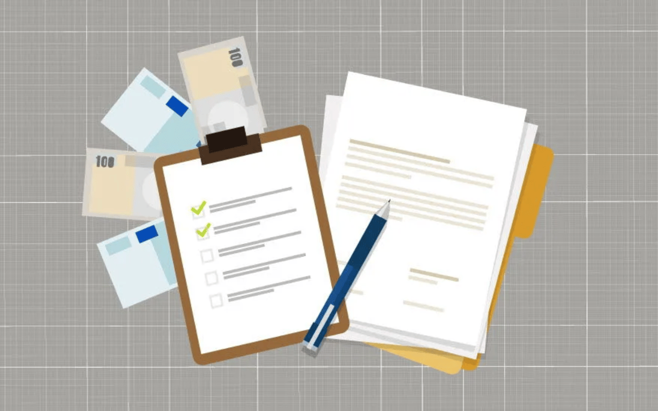 Loan application checklist, documents, pencil, envelopes, and banknotes
