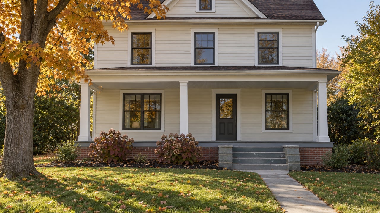 Cream clapboard house with a raised porch, autumn maple, oakleaf hydrangeas and a deep front lawn.