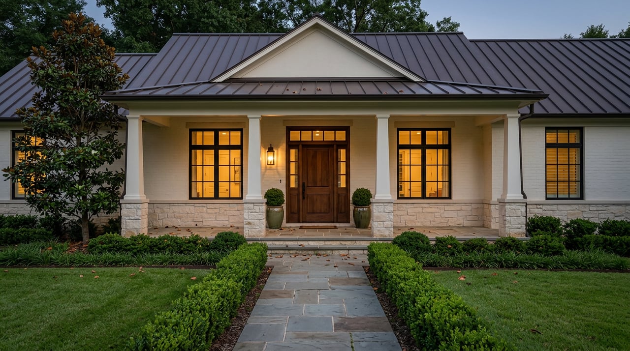 Covered stone-and-brick porch with a walnut door, glowing windows, and magnolia tree at blue hour.