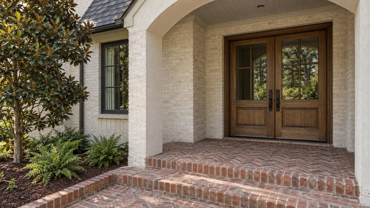 Ivory masonry home entry with paired oak doors, herringbone brick steps, and a magnolia beside the covered porch.