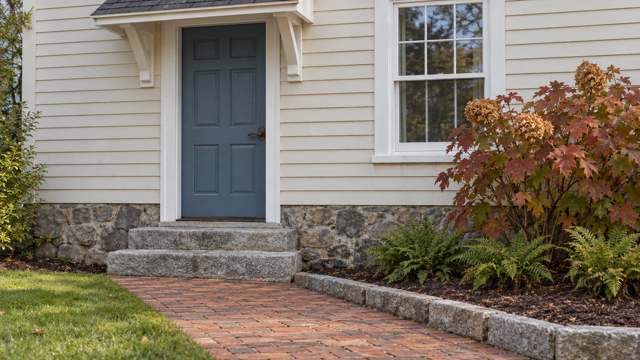 Cream clapboard home entrance with a blue door, granite steps, fieldstone foundation and autumn oakleaf hydrangea beside a brick walk.