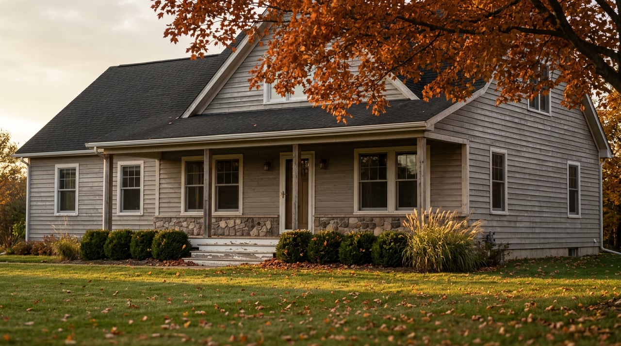 Two-story gray cedar home with a stone foundation and porch beneath an orange-red maple, fallen leaves on the lawn.