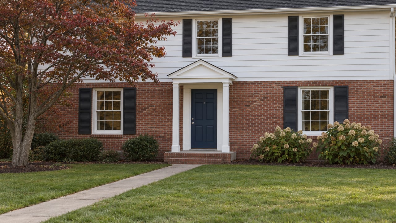 Two-story white clapboard house with navy door, red-brick foundation, front lawn, and concrete walkway.