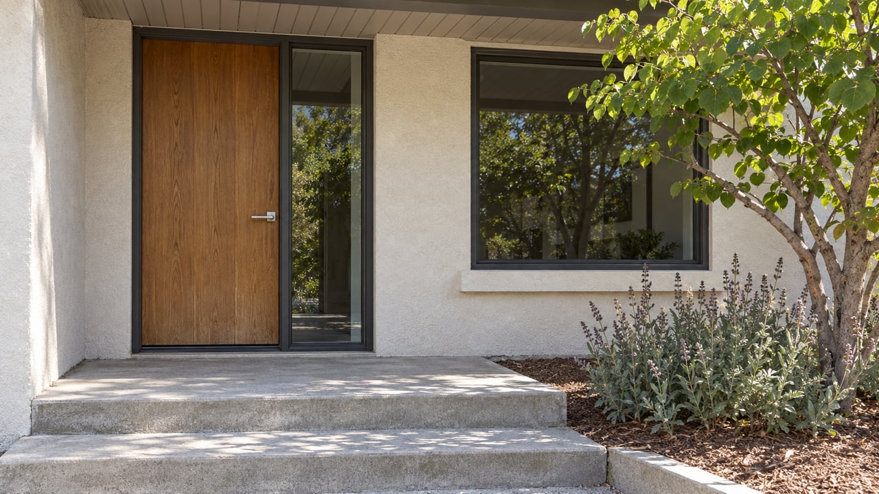 Sunlit stucco home entry with an oak door, charcoal-framed glazing, concrete steps and a flowering shrub planting beneath a small tree.