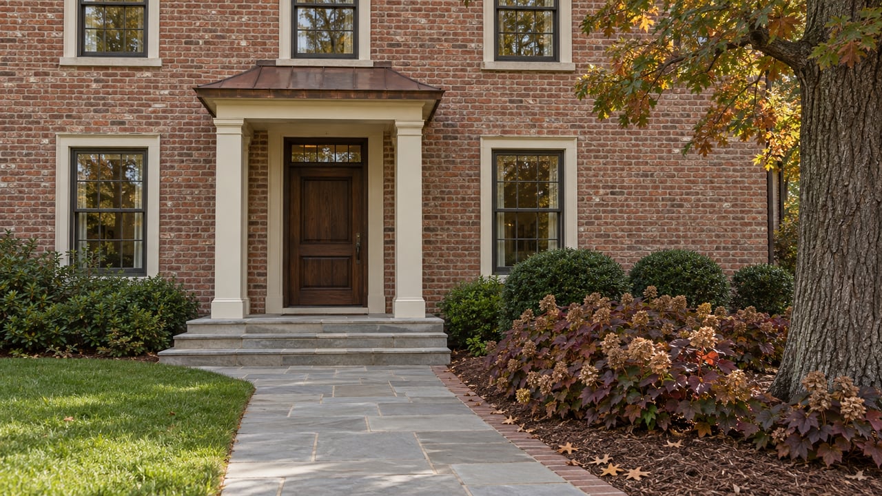 Autumn garden approach to a brick home with an oak entry door, limestone steps, bronze-framed windows, and a mature white oak.