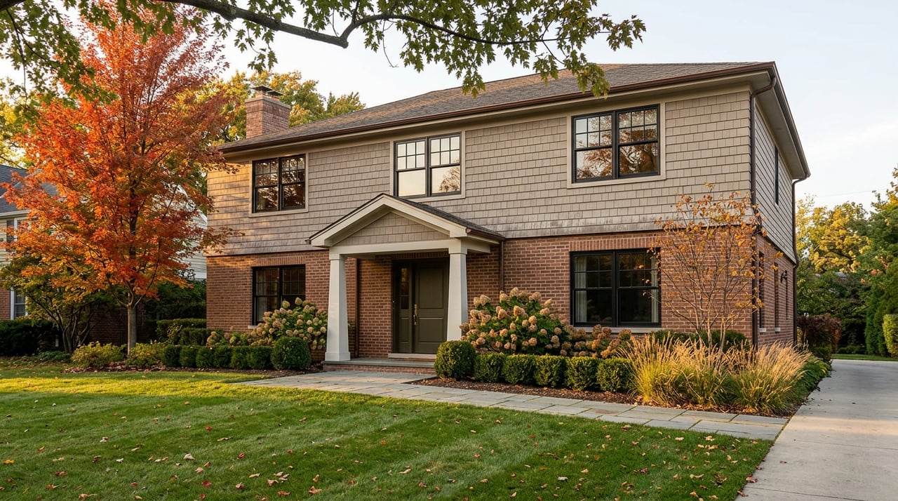 Two-story brick and cedar-shingle home with a red-orange tree, clipped foundation hedges, and a diagonal paver walkway.