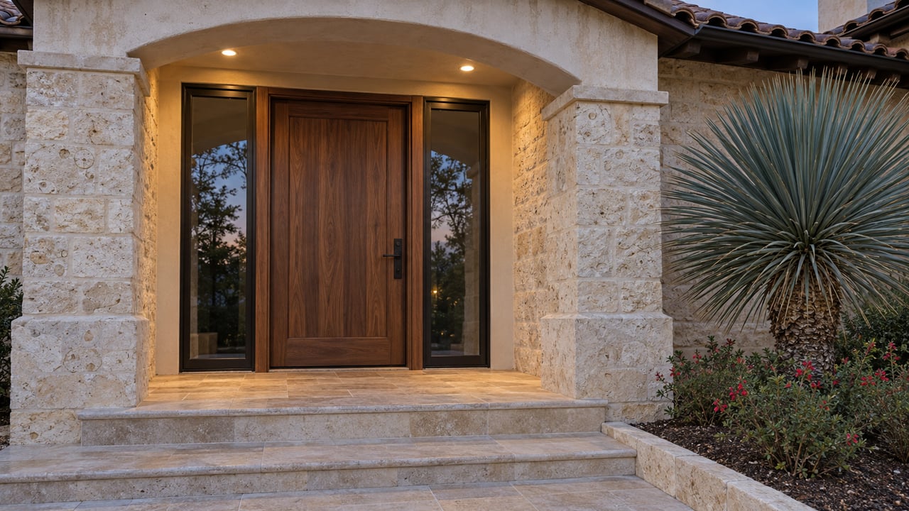 Warmly lit limestone and stucco entrance with a walnut door, paired glazed sidelights and sculptural blue-green yucca at dusk.